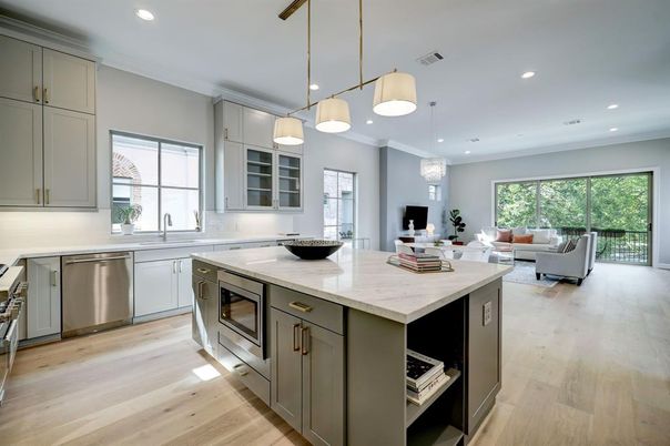 Interior, Kitchen, Living room, Pendant Lights, Recessed Lighting, Stainless Steel Appliances, Wood Texture Flooring