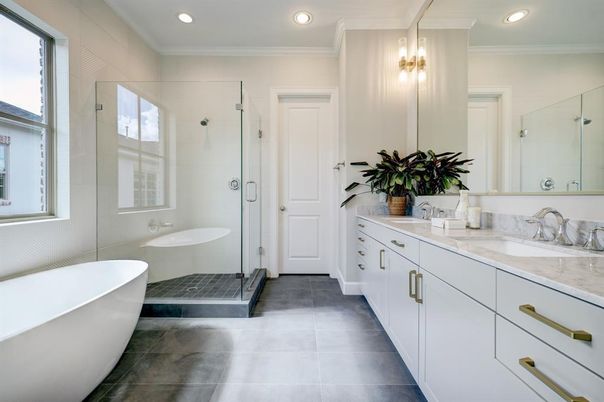 Bathroom, Dual Sink Vanities, Free Standing Baths, Glass Shower, Interior, Recessed Lighting