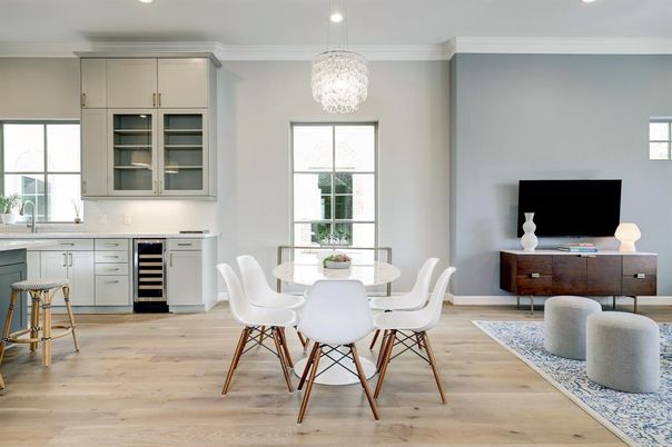 Dining room, Interior, Kitchen, Pendant Lights, Recessed Lighting, Wood Texture Flooring
