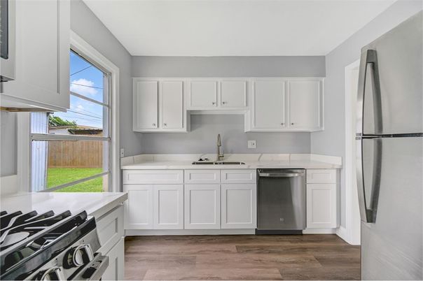 Interior, Kitchen, Stainless Steel Appliances, Wood Texture Flooring