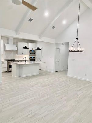 Chandelier, Interior, Kitchen, Pendant Lights, Recessed Lighting, Stainless Steel Appliances, Wood Texture Flooring