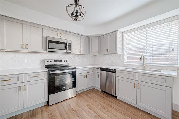 Interior, Kitchen, Pendant Lights, Stainless Steel Appliances, Wood Texture Flooring