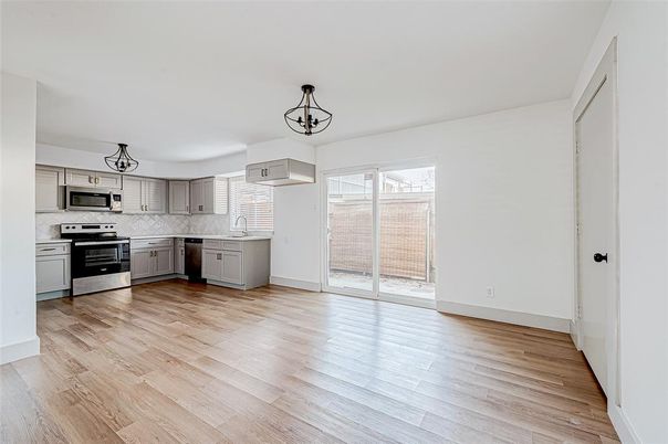 Interior, Kitchen, Pendant Lights, Stainless Steel Appliances, Wood Texture Flooring