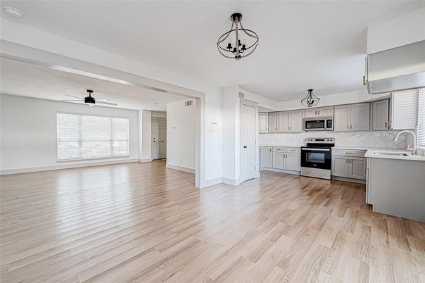 Interior, Kitchen, Pendant Lights, Stainless Steel Appliances, Wood Texture Flooring