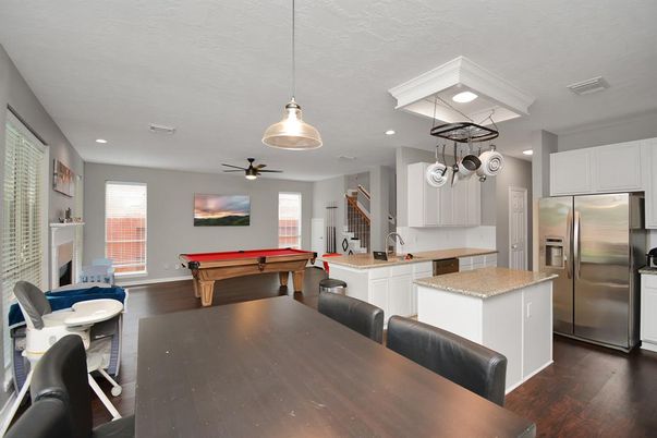 Billiard Table, Game Room, Interior, Kitchen, Pendant Lights, Recessed Lighting, Stainless Steel Appliances, Wood Texture Flooring