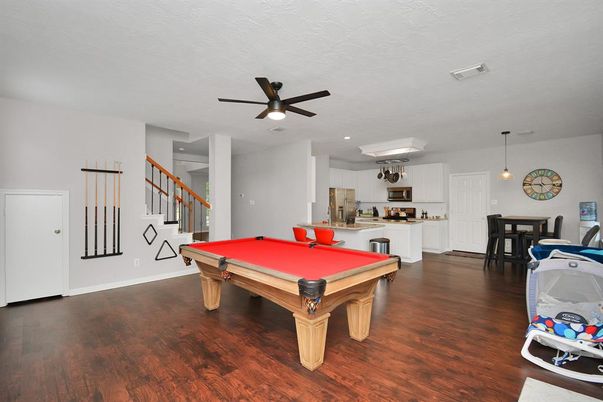 Billiard Table, Dining room, Game Room, Interior, Kitchen, Pendant Lights, Recessed Lighting, Wood Texture Flooring