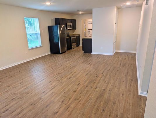 Empty room, Interior, Kitchen, Recessed Lighting, Wood Texture Flooring