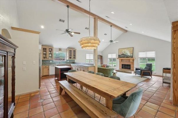 Chandelier, Dining room, Fireplace, Interior, Kitchen, Living room, Recessed Lighting, Wooden Beams