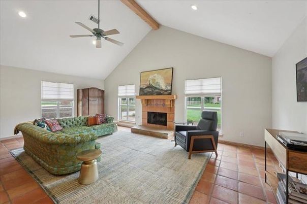 Fireplace, Interior, Living room, Recessed Lighting, Wooden Beams