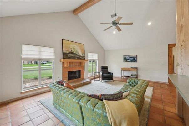 Fireplace, Interior, Living room, Recessed Lighting, Wooden Beams