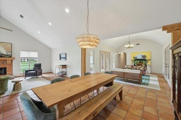 Chandelier, Dining room, Fireplace, Interior, Living room, Recessed Lighting