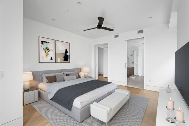 Bedroom, Interior, Recessed Lighting, Wood Texture Flooring
