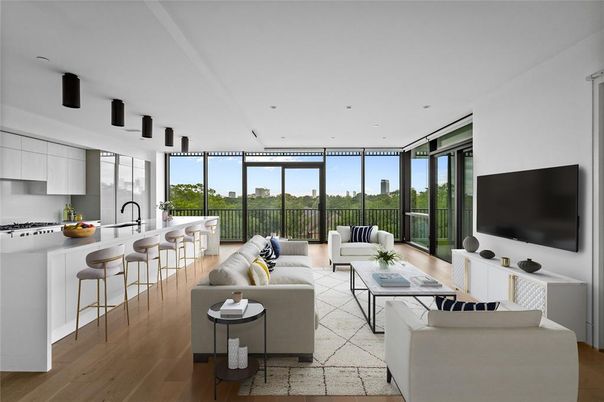 Interior, Kitchen, Living room, Recessed Lighting, Wood Texture Flooring