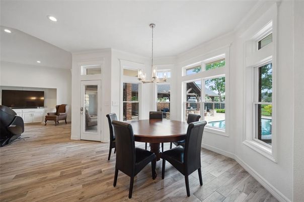 Dining room, Interior, Pendant Lights, Recessed Lighting, Wood Texture Flooring