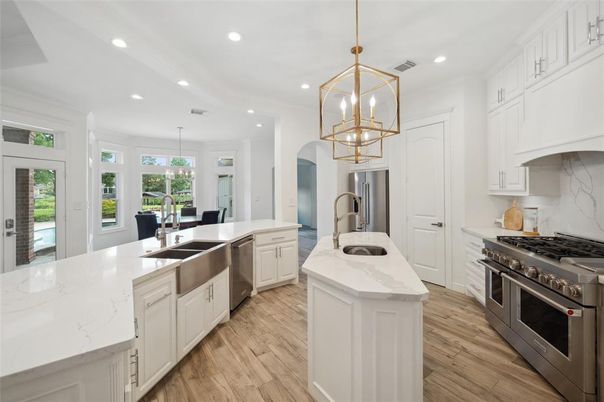 Interior, Kitchen, Pendant Lights, Recessed Lighting, Stainless Steel Appliances, Wood Texture Flooring