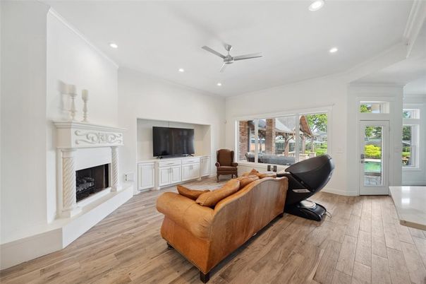 Fireplace, Interior, Living room, Recessed Lighting, Wood Texture Flooring