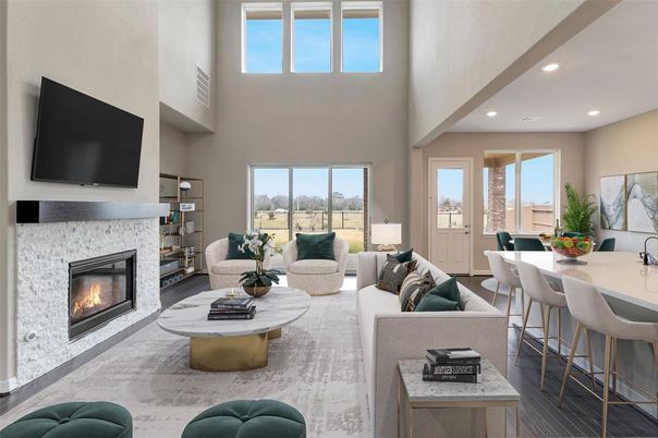 Dining room, Fireplace, Interior, Living room, Recessed Lighting, Wood Texture Flooring