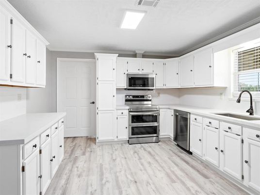 Interior, Kitchen, Stainless Steel Appliances, Wood Texture Flooring