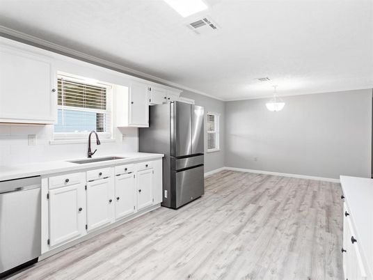 Interior, Kitchen, Pendant Lights, Stainless Steel Appliances, Wood Texture Flooring
