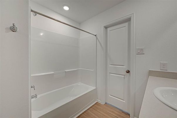 Bathroom, Interior, Recessed Lighting, Wood Texture Flooring