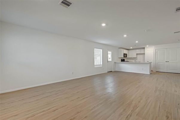 Empty room, Interior, Kitchen, Recessed Lighting, Wood Texture Flooring