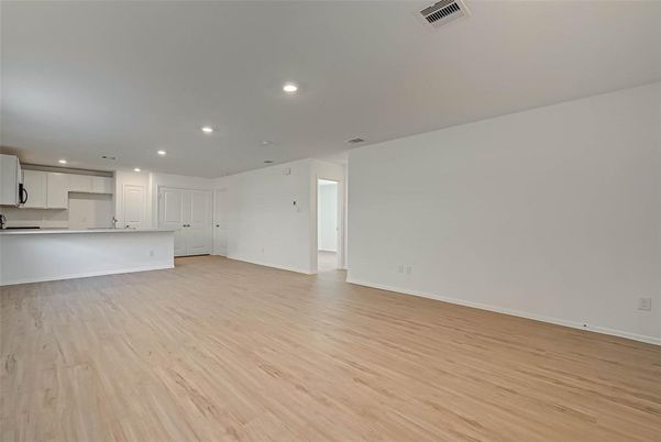 Empty room, Interior, Kitchen, Recessed Lighting, Wood Texture Flooring