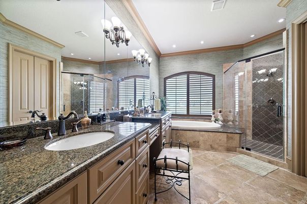 Bathroom, Chandelier, Dual Sink Vanities, Glass Shower, Interior, Recessed Lighting