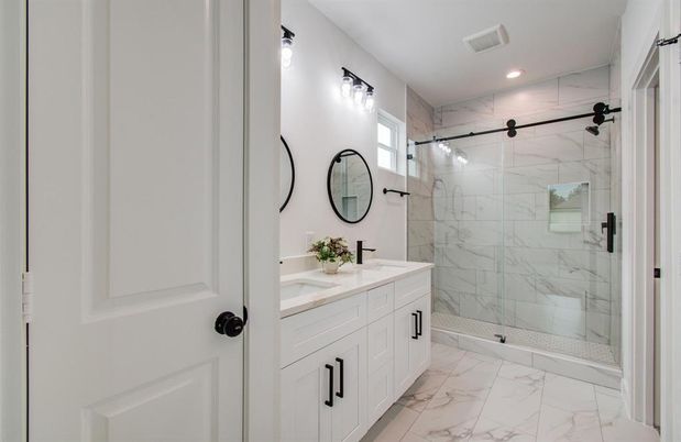 Bathroom, Dual Sink Vanities, Glass Shower, Interior, Marble, Marble Walls, Recessed Lighting