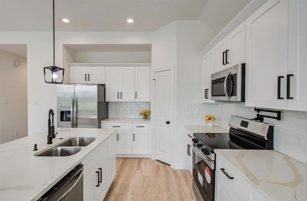 Interior, Kitchen, Pendant Lights, Recessed Lighting, Stainless Steel Appliances, Wood Texture Flooring