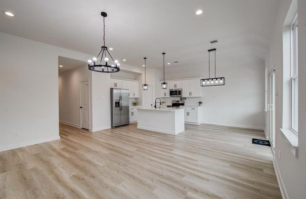 Chandelier, Interior, Kitchen, Pendant Lights, Recessed Lighting, Stainless Steel Appliances, Wood Texture Flooring