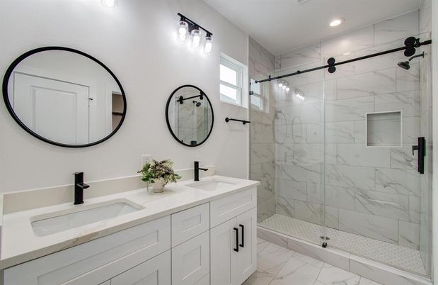 Bathroom, Dual Sink Vanities, Glass Shower, Interior, Marble, Marble Walls, Recessed Lighting
