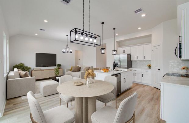 Dining room, Interior, Kitchen, Living room, Pendant Lights, Recessed Lighting, Stainless Steel Appliances, Wood Texture Flooring