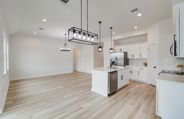 Interior, Kitchen, Pendant Lights, Recessed Lighting, Stainless Steel Appliances, Wood Texture Flooring