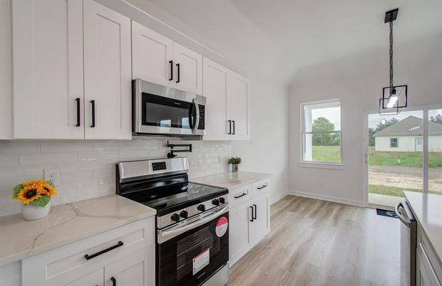 Interior, Kitchen, Pendant Lights, Stainless Steel Appliances, Wood Texture Flooring