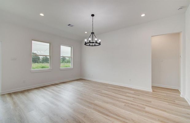 Chandelier, Empty room, Interior, Recessed Lighting, Wood Texture Flooring