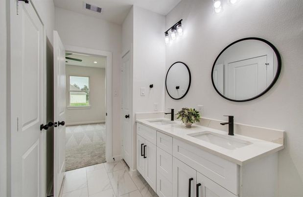Bathroom, Dual Sink Vanities, Interior, Marble, Recessed Lighting