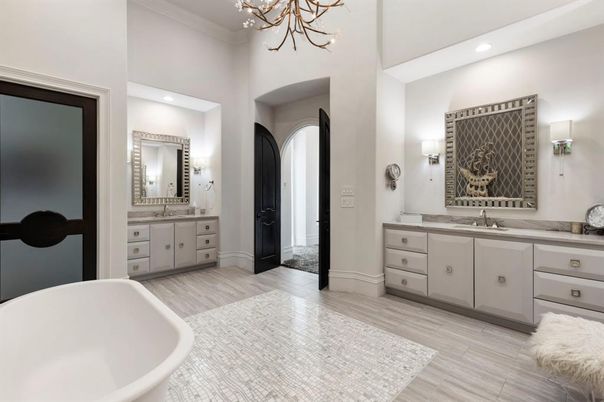 Bathroom, Dual Sink Vanities, Free Standing Baths, Interior, Recessed Lighting, Wood Texture Flooring