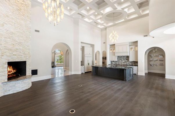Chandelier, Fireplace, Interior, Kitchen, Pendant Lights, Recessed Lighting, Wood Texture Flooring