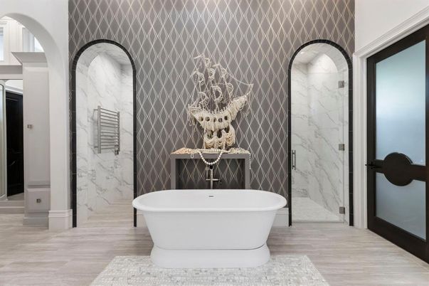 Bathroom, Free Standing Baths, Glass Shower, Interior, Marble Walls, Wood Texture Flooring