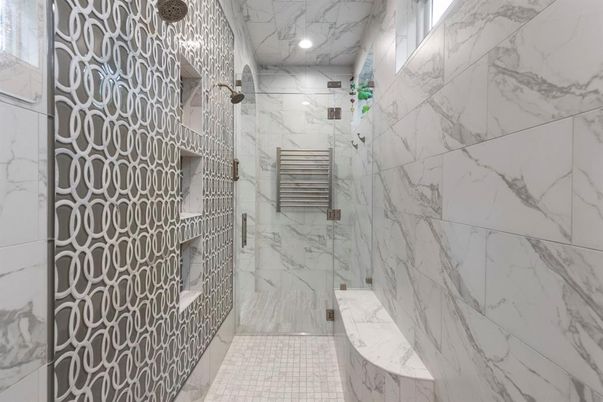 Bathroom, Glass Shower, Interior, Marble Walls, Recessed Lighting