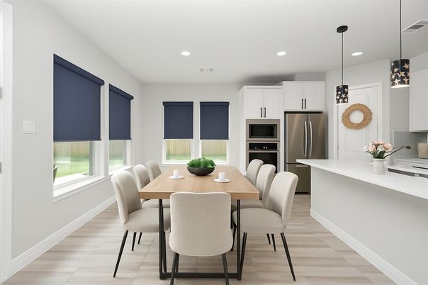 Dining room, Interior, Kitchen, Pendant Lights, Recessed Lighting, Stainless Steel Appliances, Wood Texture Flooring