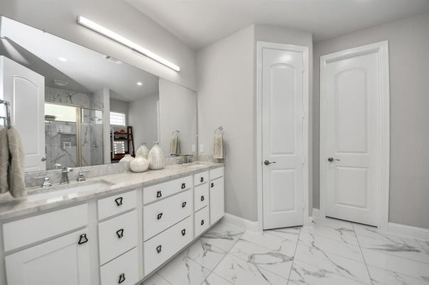 Bathroom, Dual Sink Vanities, Interior, Marble, Recessed Lighting