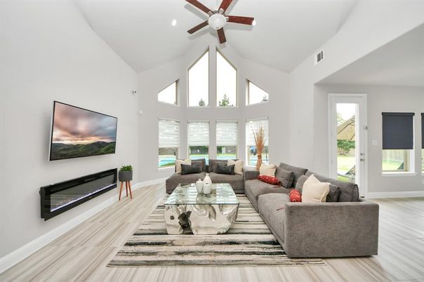 Fireplace, Interior, Living room, Recessed Lighting, Wood Texture Flooring