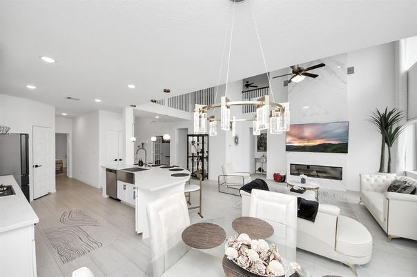 Fireplace, Interior, Kitchen, Living room, Pendant Lights, Recessed Lighting