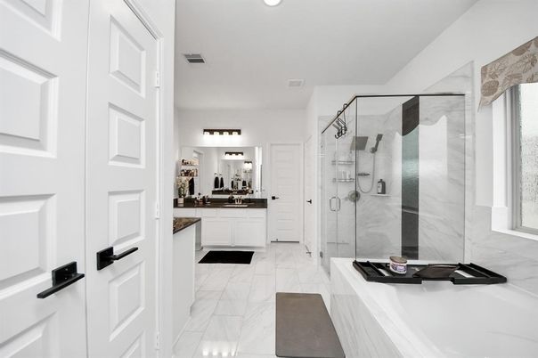 Bathroom, Glass Shower, Interior, Marble, Recessed Lighting