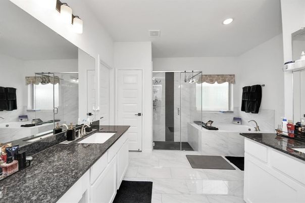 Bathroom, Dual Sink Vanities, Glass Shower, Interior, Marble, Recessed Lighting