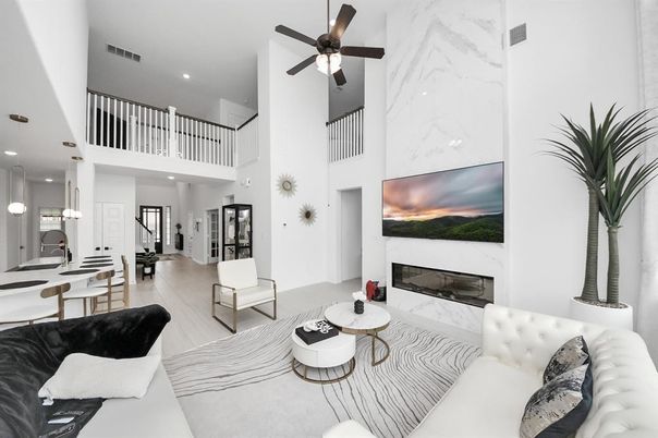 Dining room, Fireplace, Interior, Living room, Marble Walls, Recessed Lighting