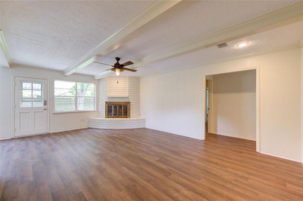 Empty room, Fireplace, Interior, Recessed Lighting, Wood Texture Flooring