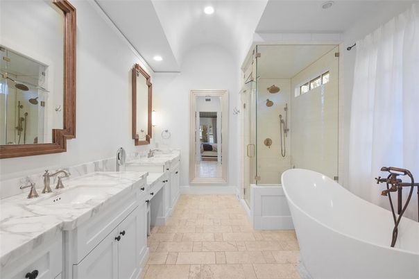 Bathroom, Dual Sink Vanities, Free Standing Baths, Glass Shower, Interior, Recessed Lighting