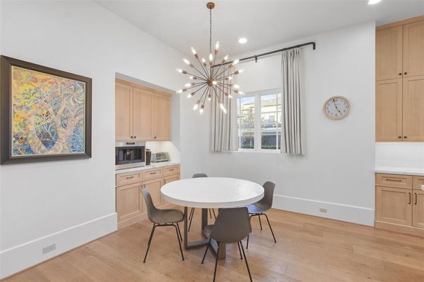 Dining room, Interior, Kitchen, Pendant Lights, Recessed Lighting, Wood Texture Flooring